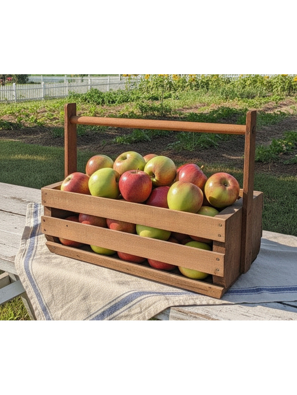 Vintage Primitive Rustic Country Wooden Slat Basket Utility Tote w/ Dowel Handle